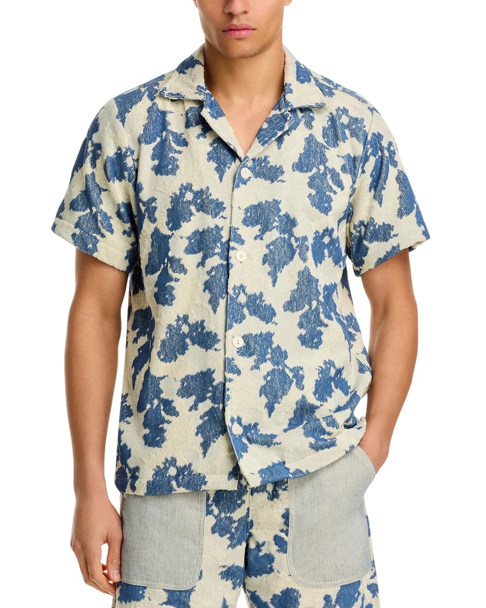 OAS Shirt Mens Small Sail Contraste Cuba Terry Beige Blue Short Sleeve Button Up